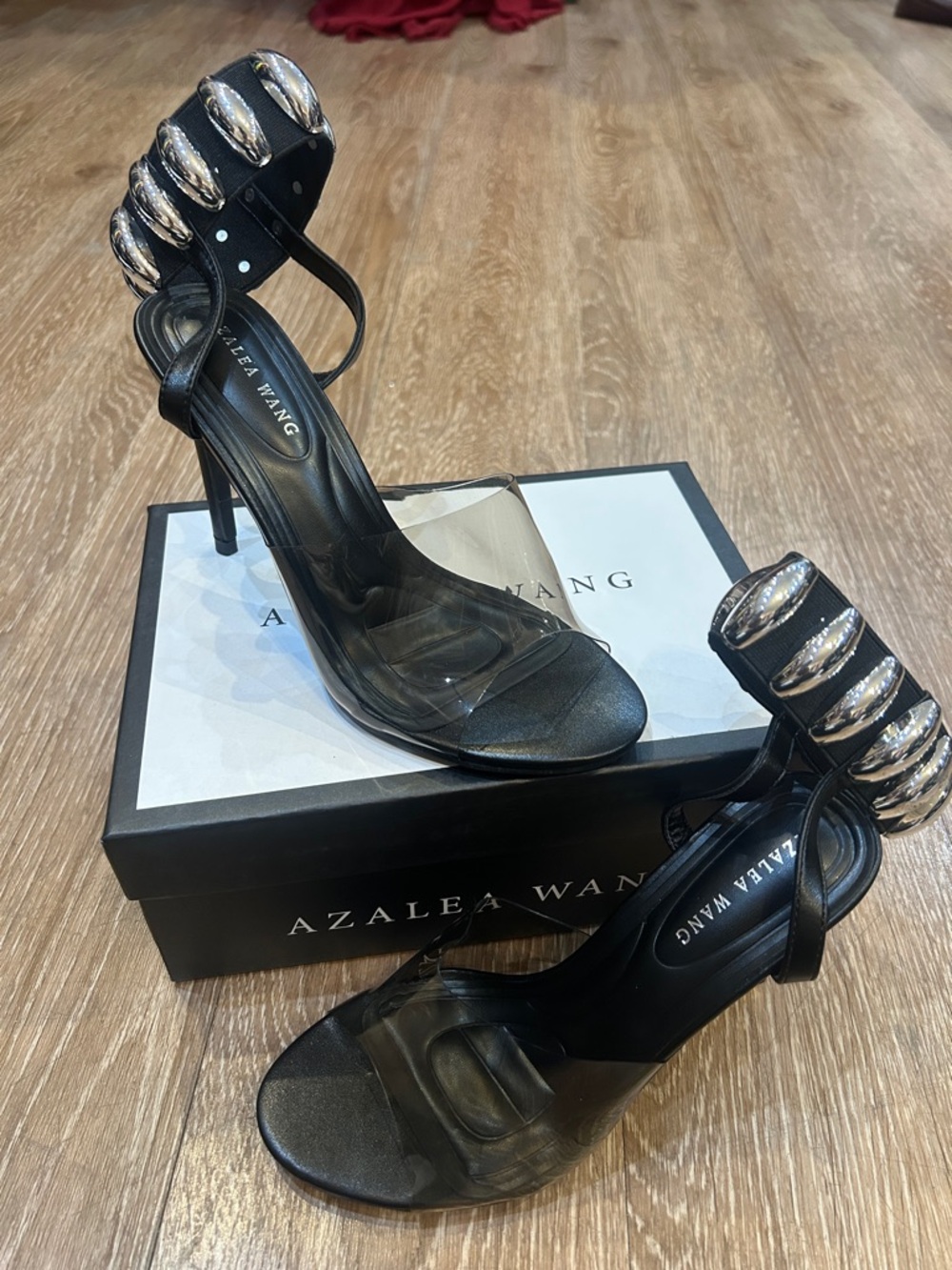 Azalea Wang Black Stiletto Sandals with Silver Accent Ankle Strap